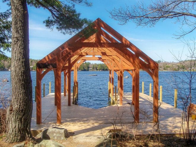 Timber Frame Boat House on Lake Sunapee in New Hampshire