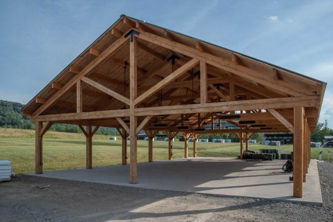 Timber frame pavilion at the Bechtel Summit in West Virginia home of the National Boy Scout Jamboree, leadership training, and Adventure Camp.