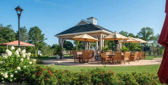 Timber Frame Pool Pavilion and covered Bar Lounge area at Fiddlers Elbow in Bedminster Township, NJ